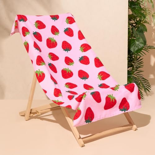 DREAMSCENE Kinder Strandtuch, rosa Erdbeere, superweich, schnell trocknend, für Mädchen und Jungen, Strandtuch, Mikrofaser, Strandurlaub, Reisehandtücher für den Sommer, 71 cm x 152 cm
