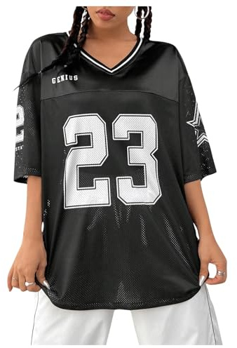 Verdusa Jersey Shirts for Women Y2K Graphic Tees Streetwear Oversized Tshirts V Neck Football Jersey Black Large