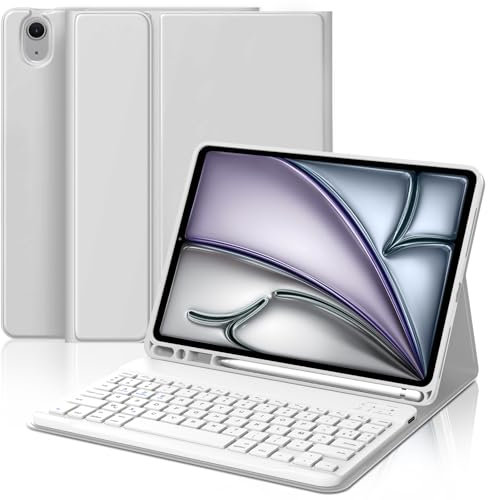 JADEMALL Clavier iPad Air 11 M3 2025/M2 2024, Coque pour iPad Air 11 Pouces M2/M3 avec AZERTY Français Clavier Bluetooth Magnétique Détachable avec Fente pour Stylo, Gris Clair