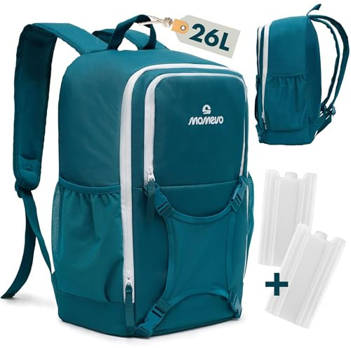 MOMEVO - wasserabweisender 26L Kühlrucksack mit 2 Kühlpacks - Kühlt bis zu 8h - mit praktischer Aufteilung ideal für Strandtage, Picknick, Wandern, Camping und alltägliche Einkäufe - Petrolfarben