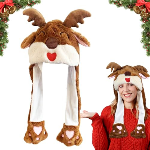 Weihnachtsmütze, Mütze mit Beweglichen Ohren, Mütze mit Ohren, Weihnachtsmützen, Weihnachtsmütze Lustig, Weihnachtsmann Plüsch Hut, Cosplay Weihnachten Halloween Karneval Party für Damen Mädchen