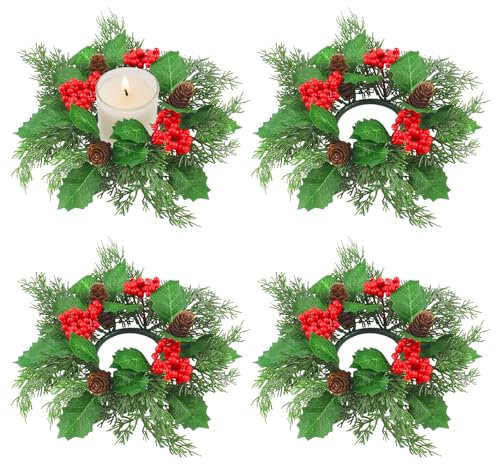 4 Stück Ringe für Weihnachtskerzen 25cm Kerzenkranz Adventskranz Kerzenhalter Adventskranz Künstlich mit Kerzen Rote Beeren Tannenzapfen für Weihnachtliche Tischdekoration
