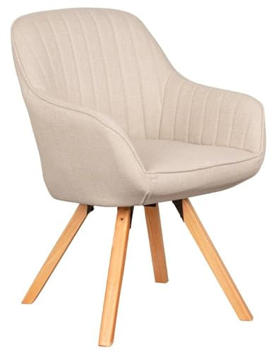 MR. DEKO® Diningsessel Matera | Drehbarer Polsterstuhl mit Armlehnen | Esszimmerstühle mit Massivholzbeinen | Bürostuhl und Sessel Wohnzimmer | Drehstuhl Beige | Stuhl Esszimmer 84x59x61 cm | Chair