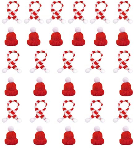 SKHAOVS 32 Stück Rot Mini Weihnachtsmützen und Schal Set Mini Weihnachtsmannmütze Kleine Weihnachtsmütze Nikolausmütze Mini Mütze Mini Schal für Artikeldekoration DIY Party Weihnachten