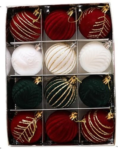 Set of 12 Vintage Red and Gold Velvet Baubles, Burgundy Flocked Christmas Tree Decoration, Large Shatterproof Hanging Ornaments for Christmas Wreaths