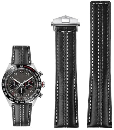 SCRUBY 22 mm echtes Lederarmband für Tag Heuer-Uhr Carrera Monaco Herrenarmbanduhr Rindsleder-Faltschließe(Black silver buckle)