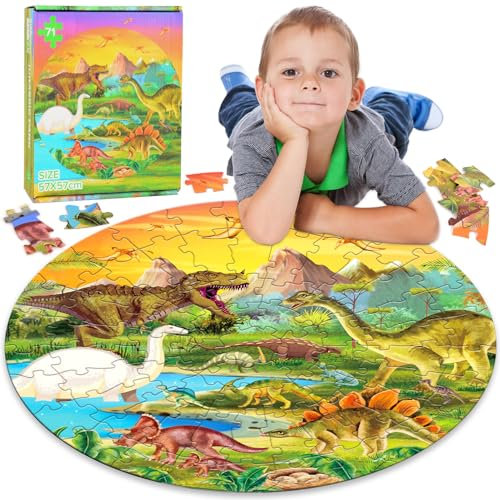 Giant Dinosaur Jigsaw Puzzle for Kids, 71 Piece Floor Puzzles for 3+ Year Olds, Kids Round Dinosaur Puzzle Age 3 4 5 6 7 8, Gift Educational Toys for Children Boys Girls