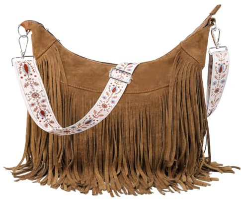 Sunwel Fashion Damen-Hobo-Tasche mit Fransen, Western-Geldbörse, Umhängetasche, veganes Wildleder, Quaste, Hippie-Umhängetasche, Brauner Riemen mit Blumenmuster