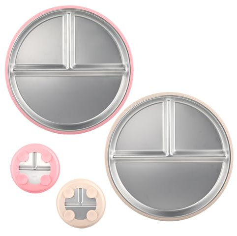 Cosmeria 2 stück Kinderteller Mit Saugnapf, Edelstahl Babyteller Mit Unterteilung, BPA-Free Für Babys Und Kleinkinder, Spülmaschinenfest(Gelb+Rosa)