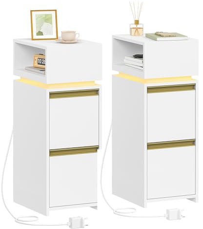HEXCELEN Narrow Bedside Table, Set of 2, Bedside Cabinet with LED Lighting, Small Nightstand with 2 Drawers and 1 Open Space, Side Table, for Bedroom, Living Room, Modern, White