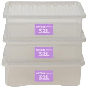 Wham Crystal Plastic Storage Boxes With Lids Home Office Stackable Nestable Container Box, 32L Easy fit Underbed Protective Storage Box, 60 x 40 x 18 cm - Tint Grey (Set of 3)