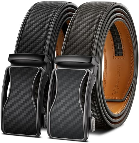 KEMISANT Gürtel Herren 2er, Gürtel Ratsche Automatikschließe Ledergürtel für Herren Verstellbar 35mm Breit mit Geschenkbox(Schwarz/Heiliges Grau,105cm/28-34 taille verstellbar)