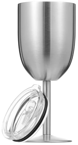 Alongen 304 Stainless Steel Wine Glass with Lid,for Party Bar Leak Proof Wine Cup Insulated Double Walled Goblet for Wedding Anniversary(Silver,1)