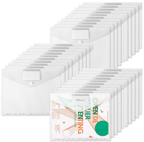 Lot de 30 Pochette Plastique Document A4, Pochette à Bouton Pression, Pochettes Classeur en Plastique A4 Transparente, Porte Document, Chemise Plastiques Transparents - 30.5 * 24CM