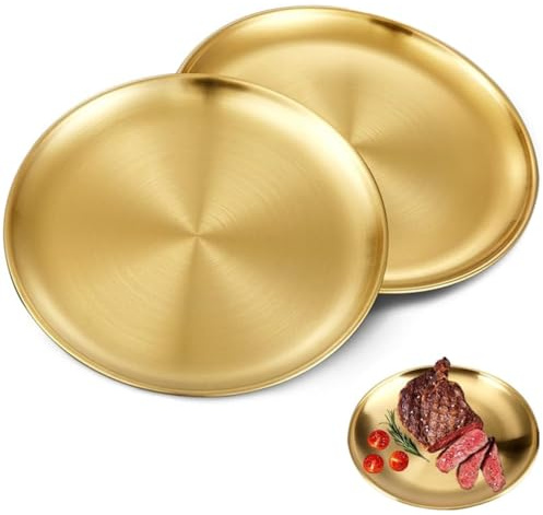 ZHAOYCSH 2 Piatti Piani in Acciaio Inossidabile 20CM, 2 Pezzi Set Piatti Dorati per Casa, Campeggio e Picnic, Vassoio Tondo Decorativo in Metallo per Insalate, Bistecca e Festa, Colore Oro