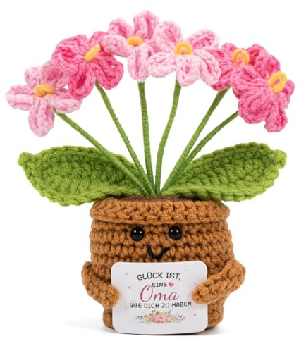 Vinuwu Geschenk Oma, Handgefertigtes Häkelblume mit Karte, Geschenke & Glücksbringer für Geburtstag Muttertag Großelterntag Weihnachten, Personalisierte Kleine Geschenke 50 60th Frauen