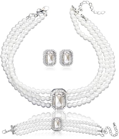 LjFrexia 3Pcs Perlen Schmuck Damen, Strass Kristall Perlen Choker Halsketten Armband Ohrringe, Mehrreihige Schmuck mit Kristallanhänger, für Frauen Braut Brautjungfer