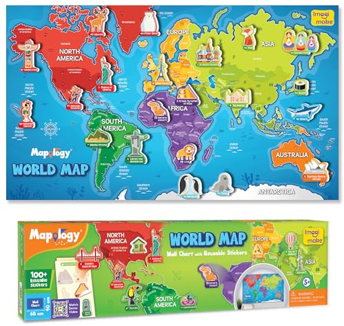 Imagimake Mapology World Map Chart with Reusable Stickers for Kids Ages 5+ | Interactive Geography Activity, Learn Countries, Continents, Landmarks Through Play, Gift for 5,6,7,8 Years Old Girls & Boys