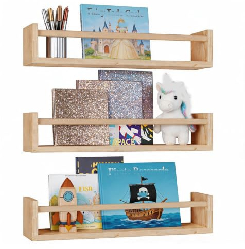 BUERPINKING Bücherregal für Kinder, 3 Stück 42cm Wandregal Kinderzimmer Regal Wand Schweberegal, Bücherregal Holz Wand Set für Wohnzimmer Küche Arbeitszimmer Deko (Holz)