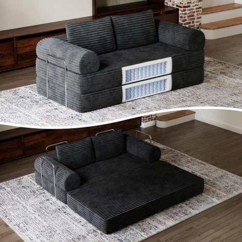 Novilla Schlafsofa 200cm Breit, Cord Sofa Bed mit Schlaffunktion 2 Sitzer | Boneless Couch mit Smarts Coil®-Stützung und Hochdichtem Schaumstoff für Wohnzimmer, Apartment, Schlafzimmer, Dunkelschwarz