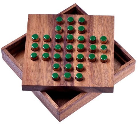 LOGOPLAY Solitär Gr. L - Solitaire - Steckspiel - Denkspiel - Knobelspiel - Geduldspiel - Logikspiel aus Holz - grüne Stecker