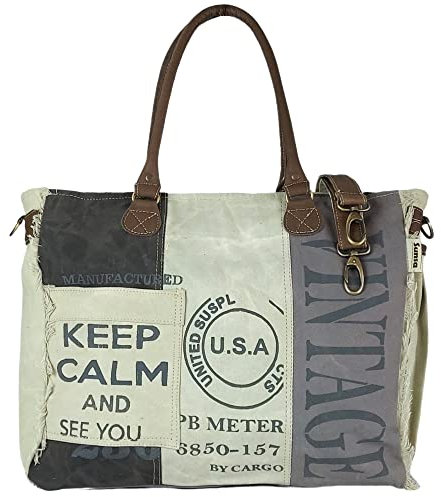 Sunsa Damen große Handtasche. XXL Tasche aus Canvas & Leder. Nachhaltige Strandtasche/Weekender mit Reißverschluss und Stern. Vintage Schultertasche als Geschenkideen für Frauen