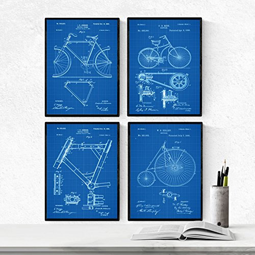 Nacnic BLAU Fahrrad Patent Poster 4er-Set. Vintage Stil Wanddekoration Abbildung von Sports und Alte Erfindungen. Verschiedene atletische Fitness Bilder ohne Rahmen. Größe A4.