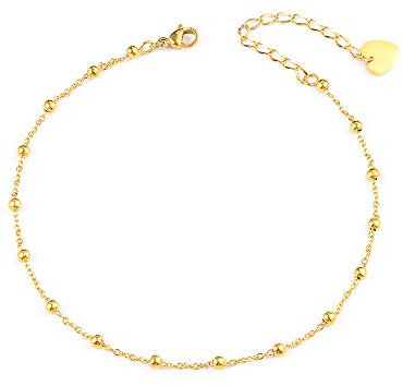 VU100 Bracelet de Cheville pour Femme Fille avec Chaîne réglable perles en Acier Titane, Bijoux Cadeau, Or