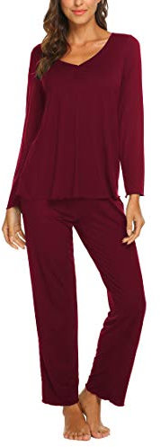 MAXMODA Pigiama Donna Lungo Pigiami Due Pezzi Maniche Lunghe Invernale Pantaloni Lungo, Vino Rosso, M