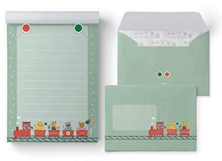 dabelino Eisenbahn-Briefpapier-Set für Kinder: 25 Blatt Format DIN A5, liniert + 10 Briefumschläge | (grün, Jungen, Mädchen)