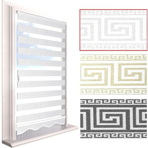 Brillant® Doppelrollo Klemmfix ohne Bohren – Medusa Barock Muster mit Glitzer, Duo-Rollo Blickdicht & transparent, mit Perlenzug, Fensterrollo für Fenster & Türen Weiß Silber 80 x 200 cm (B x L)