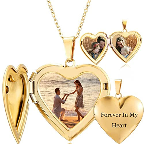 RWQIAN Personalisierte Kette Foto Medaillon zum Öffnen Bilder Photo Amulett Anhänger Gravierte Text Schmuck Oval/Herz/Runde 45+5CM