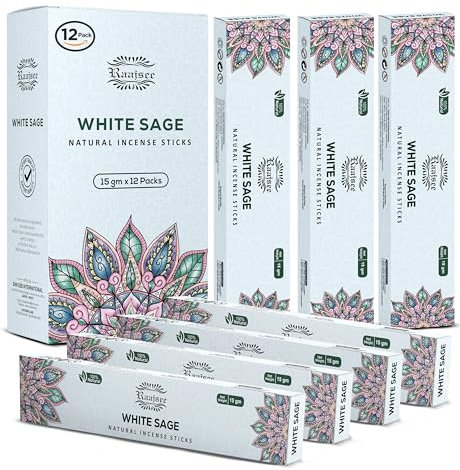 raajsee Räucherstäbchen, weißer Salbei, 100 % rein, organisch, natürlich, handgerollt, frei von Chemikalien, perfekt für Aromatherapie, Reinigung, Meditation und Kirche, 15 g x 12 Stück