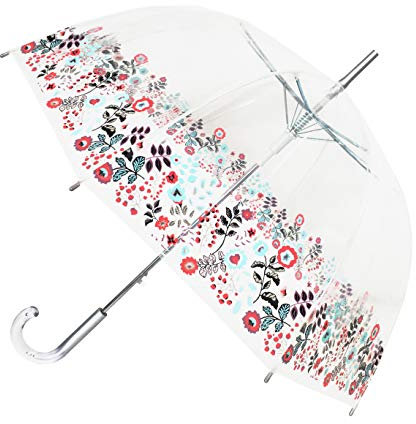 SMATI Paris - Lady’s Clear Birdcage Umbrella decorated with multicolored lace flowers border– Transparent; Windproof; Auto open; Crystal style handle; French design