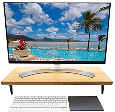 Bamboo Monitor Stand - Polished Aluminum Legs - Wooden Monitor Riser - Desk Shelf - Laptop Stand