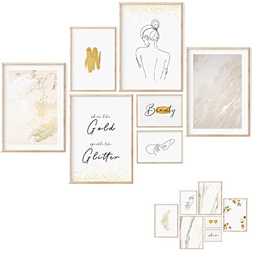 myDreamwork | Premium Poster Set - 7 Beidseitige Bilder Gold – Deko Gold für Schlafzimmer und Wohnzimmer | Goldene Deko | Bilder Gold – ohne Bilderrahmen | (4xA3 / 1xA4 / 2xA5)