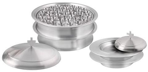 Mayur Exports Kommuniongeschirr-Kirchenset | Stapelbar, 2 Kommuniontabletts mit Deckel und 2 Brotteller mit Deckel, 80 Becher enthalten | Ideal für Kirchen | Edelstahl – Satiniertes (mattes) Finish