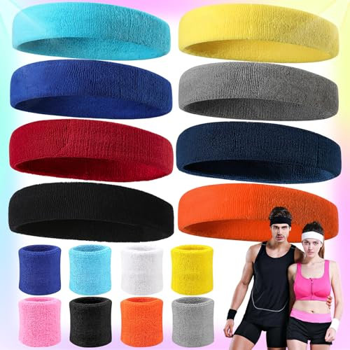 dcas 16 Stück Schweißband Handgelenk Set, Stirnband Elastische Bunt Sport Stirnbänder, Sport Stirnband Damen Herren, Sport Schweißband Handgelenk Set, 8 Handschlaufe 8 Haarband