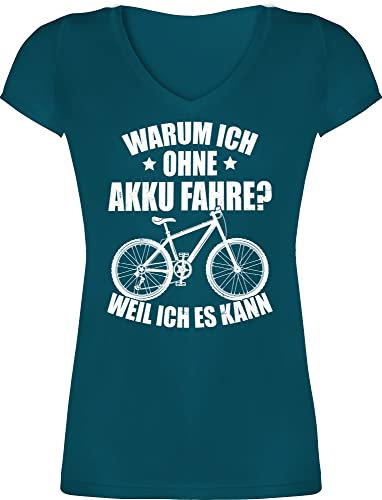 T-Shirt Damen V Ausschnitt - Fahrrad Bekleidung Radsport - Warum ich ohne Akku fahre - Weil ich es kann - weiß - XL - Türkis - Tshirt mit Aufdruck Geschenke für Radfahrer t Shirts Rad Shirt Bike