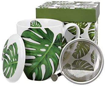 DUO FLORAL 30433 Becher 380 ml mit Teesieb MONSTERA mit Teesieb, New Bone China Porzellan