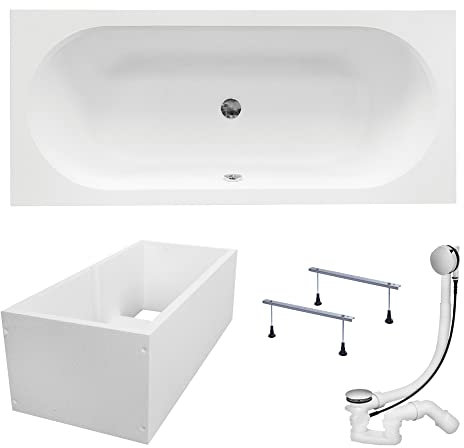 KOLMAN Badewanne VITAE Rechteck 180x80 mit Wannenträger, Ablaufgarnitur und Füßen Komplettset 4in1 Premium Original Acryl Wanne Siphon