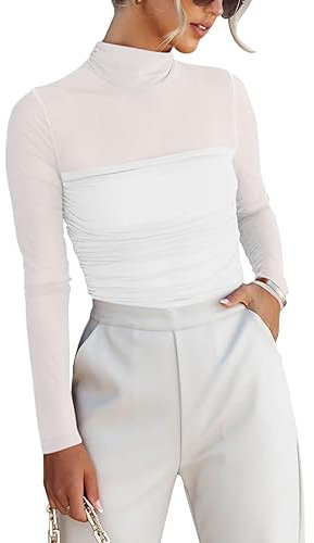 REORIA Women Fall Sexy Mock Turtle Neck Long Sleeve Sheer Mesh Slim Fit Ruched Trendy Going Out Leotard Bodysuits Tops White Small