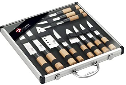Pradel Excellence - Malette Coutellerie 11 Pièces de Couteaux (Mini Couteau Chef, Couteaux à Steak, Utilitaire, Santoku, à Découper) - Lames en Acier Inoxydable, Manches en Bambou - Boîte Couleur