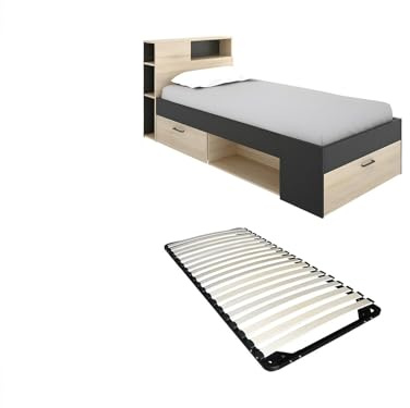 Vente-unique-Bett mit Kopfteil, Stauraum & Schublade + Lattenrost - 90 x 190 cm - Anthrazit und Holzfarben - Leandre
