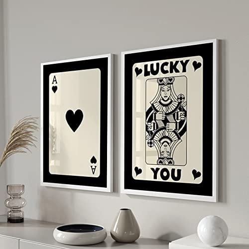 YZNLOQ Trendiges Retro Poster Lucky You Karten Poster schwarzes Ace-Karten-Poster für Wohnzimmer, Lucky You Queen of Hearts Leinwandgemälde Pokerkarten Wandkunst ästhetisch 40 x 60 cm, ohne Rahmen