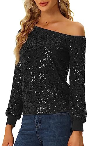 Allegra K Damen Schulterfrei Pailletten Oberteile Langarm Disco Party Glitzer Top Bluse Schwarz L