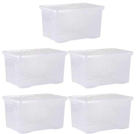 5-Pack x 60L Stackable Plastic Storage Boxes with Lids – Large Crystal-Clear Storage Bins for Home, Office, Garage, Toys, Clothes & More – Durable, Stackable, Space-Saving Organization Containers