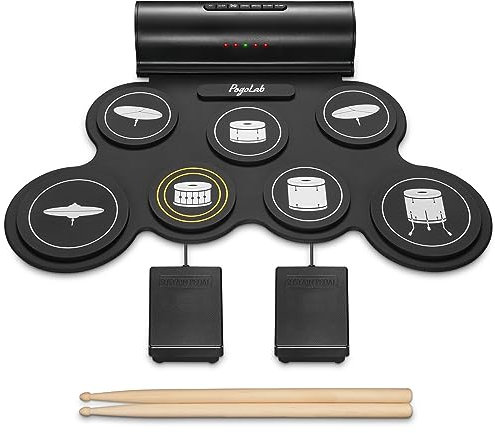 Rollup Electronic Drum Kit, 7 Pad POGOLAB Digital Electric Drum Kit, Portable Folding Electronic Practice Pad Mat, Stereo Speaker/Drumstick/Earphone Slot, Rechargeable Percussion Instrument Beginner