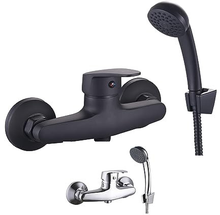 INGUZ | Grifo Ducha con Alcachofa de Mano | Con Cartucho Cerámico 35mm, Incluye Flexible | Grifo de Pared con Mezclador Monomando | Grifo Baño con Soporte Ducha Pared y Manguera Extensible, Negro