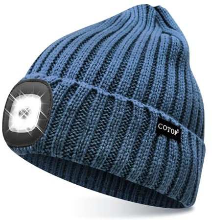 COTOP Mütze mit Licht, Led Strickmütze Herren Winter | Geschenke Männer Weihnachten, Warm Beanie mit Stirnlampen für Joggen, Wandern, Laufen, Radfahren